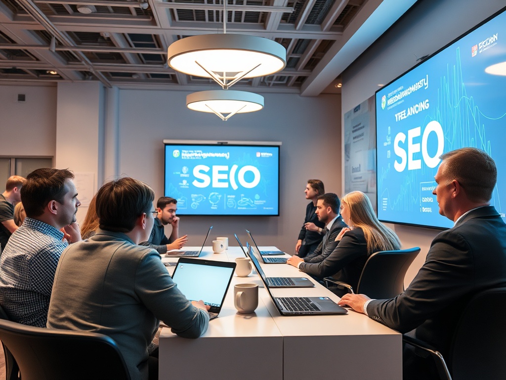 A group meeting focused on SEO strategies, with participants engaged and presentations displayed on screens.