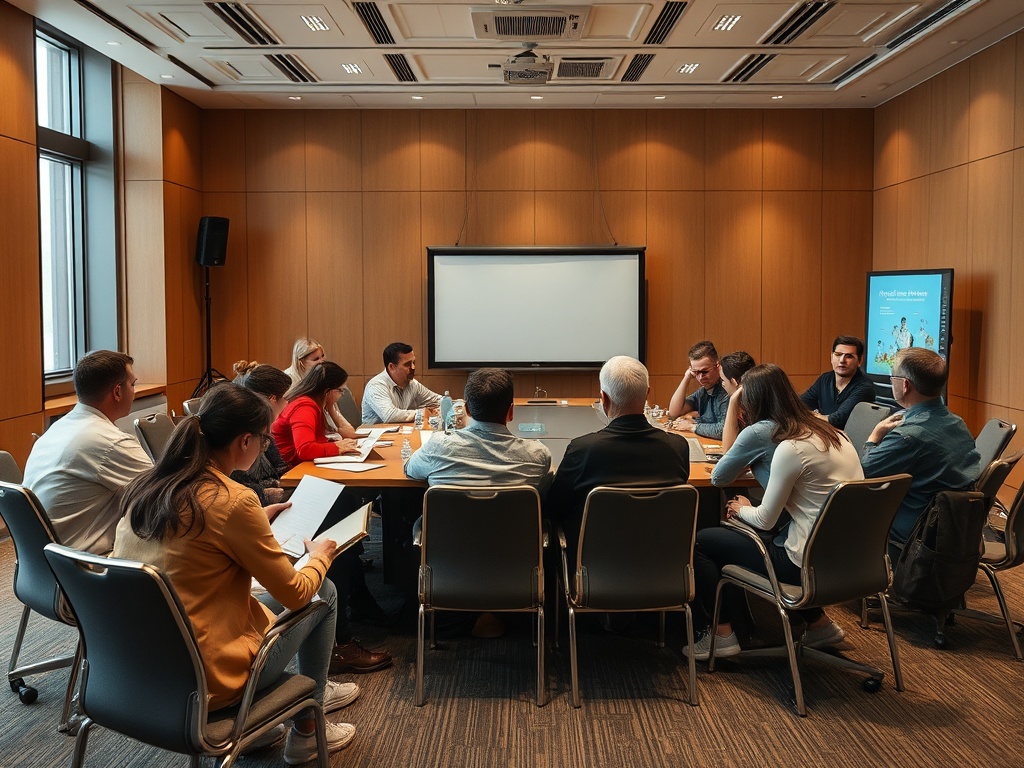 A business meeting in a modern conference room with several participants seated around a large table.